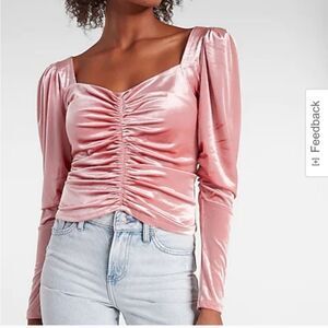 Express pink velvet, puff shoulder, long sleeve ruched front top. Size XS NWT